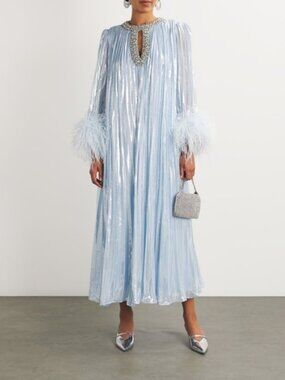 Self-Portrait Blue Metallic Chiffon Feather Midi Dress